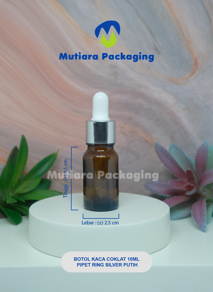 BOTOL KACA COKLAT 10ML (NEW) PIPET RING SILVER PUTIH