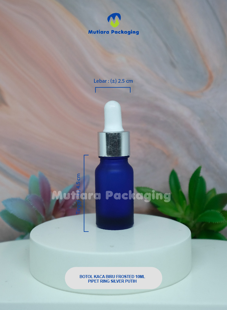 BOTOL KACA BIRU FROSTED 10ML PIPET RING SILVER PUTIH