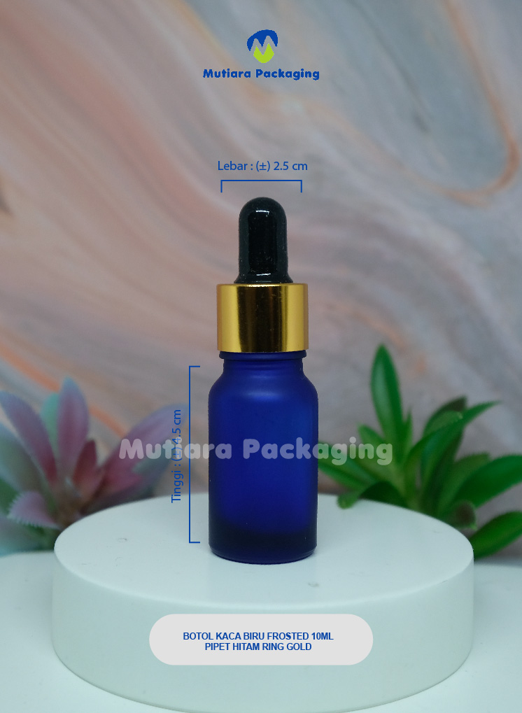 BOTOL KACA BIRU FROSTED 10ML PIPET RING GOLD HITAM