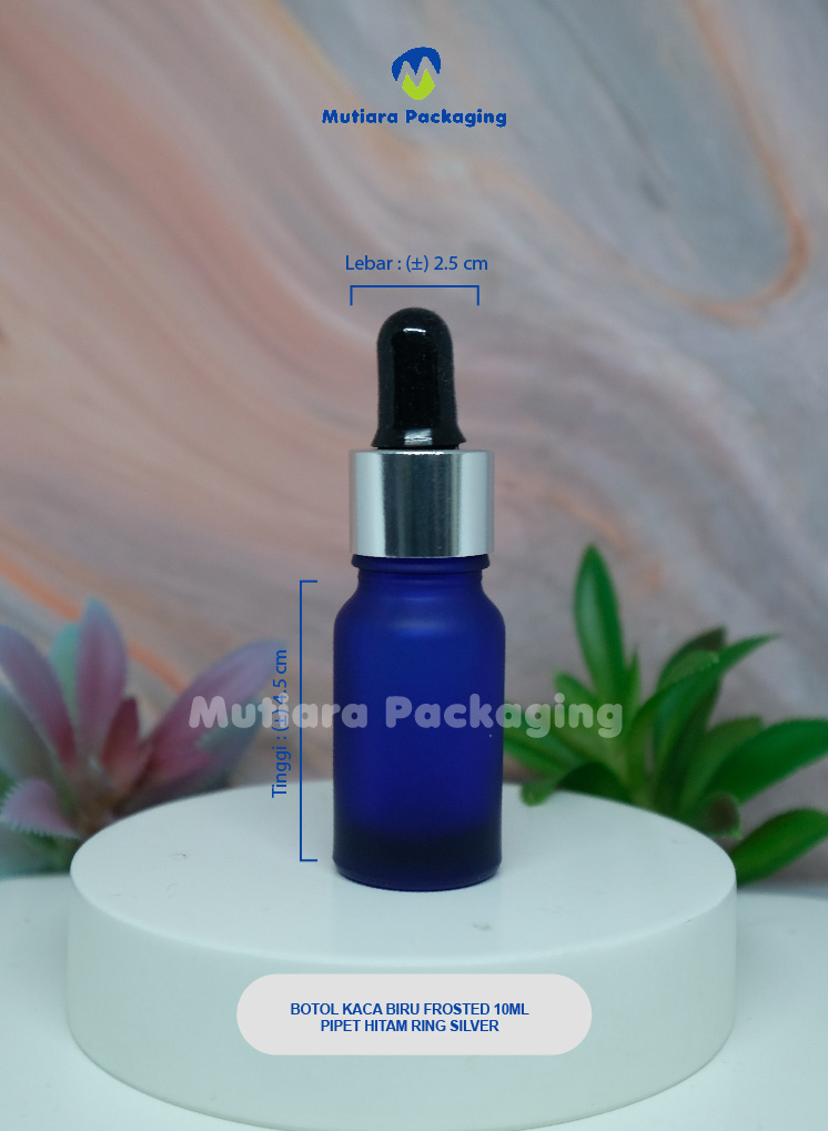 BOTOL KACA BIRU FROSTED 10ML PIPET RING SILVER HITAM