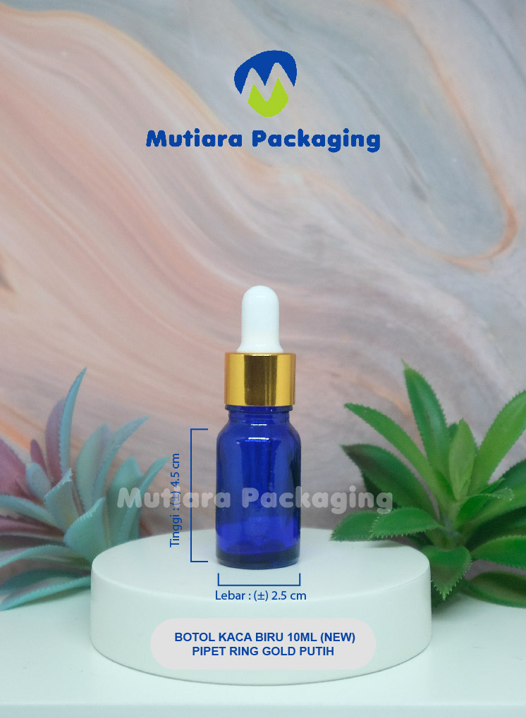 BOTOL KACA BIRU 10ML (NEW) PIPET RING GOLD PUTIH