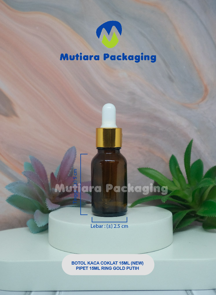 BOTOL KACA COKLAT 15ML (NEW)  PIPET 15ML RING GOLD PUTIH
