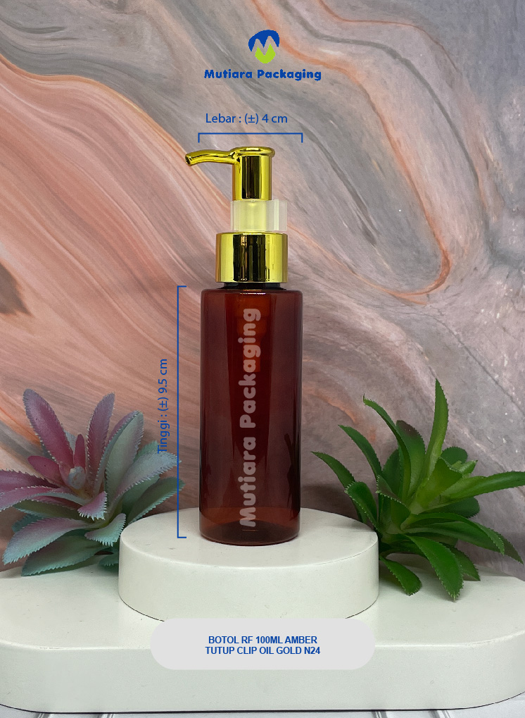 BOTOL RF 100ML AMBER TUTUP PUMP CLIP OIL N24 GOLD