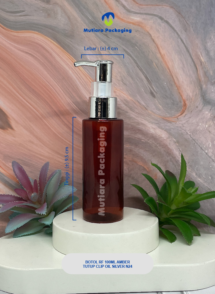 BOTOL RF 100ML AMBER TUTUP PUMP CLIP OIL N24 SILVER