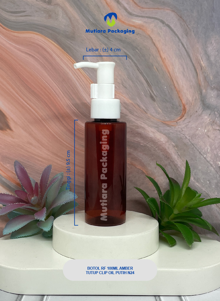 BOTOL RF 100ML AMBER TUTUP PUMP CLIP OIL N24 PUTIH