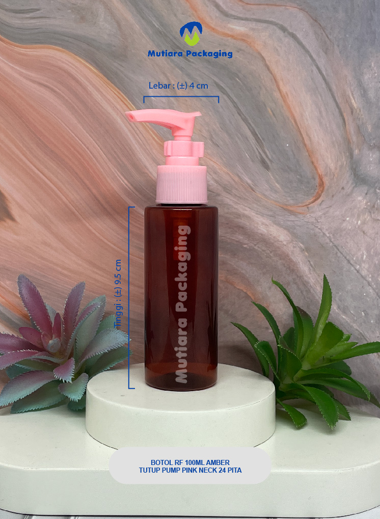 BOTOL RF 100ML AMBER  TUTUP PUMP  PINK NECK 24 PITA