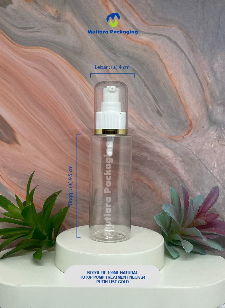 BOTOL RF 100ML NATURAL  TUTUP PUMP TREATMENT NECK 24 PUTIH LIST GOLD
