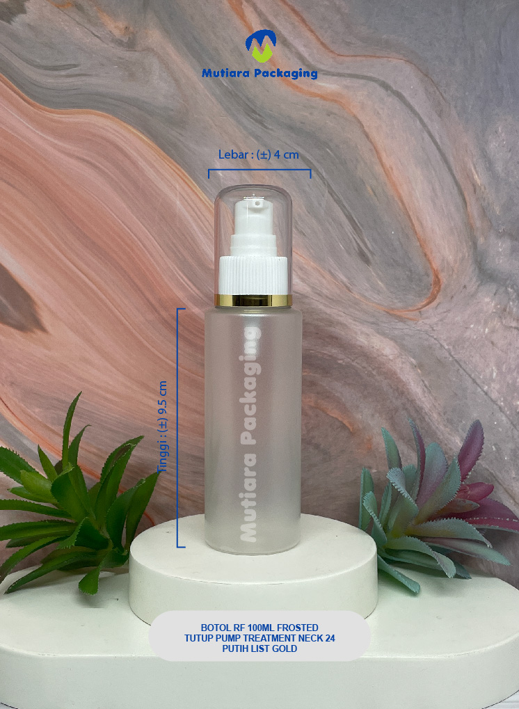 BOTOL RF 100ML FROSTED  TUTUP PUMP  TREATMENT NECK 24 PUTIH LIST GOLD