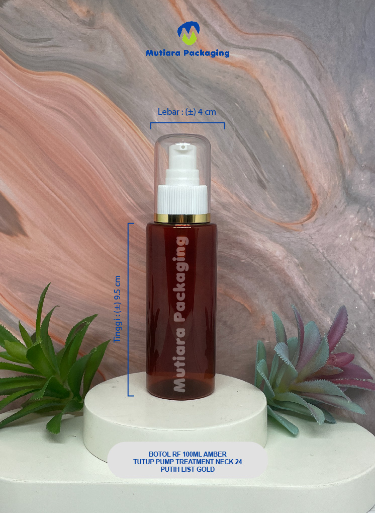 BOTOL RF 100ML AMBER  TUTUP PUMP TREATMENT NECK 24 PUTIH LIST GOLD