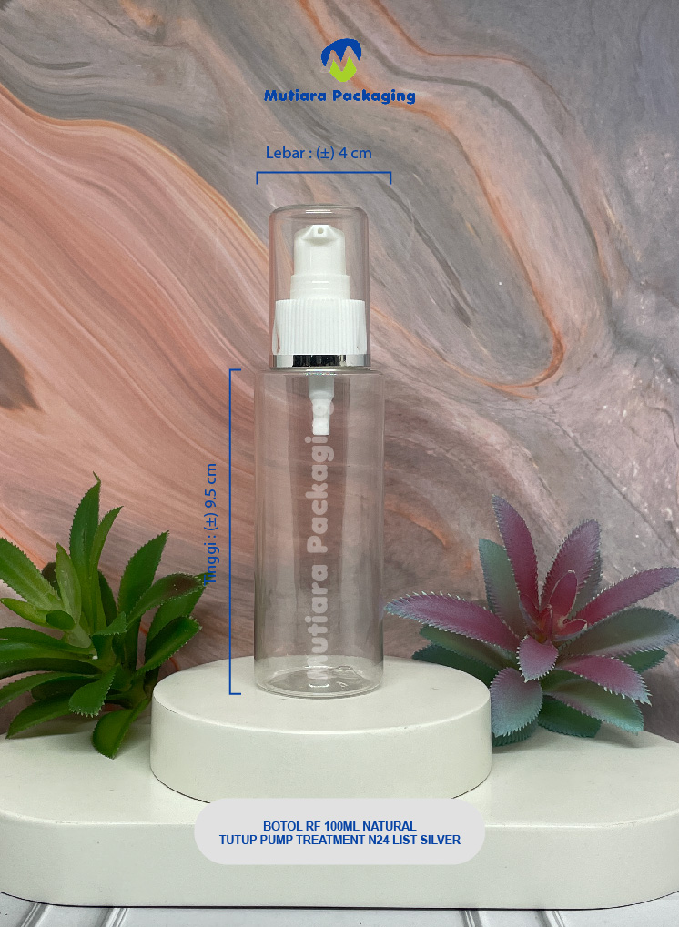 BOTOL RF 100ML NATURAL  TUTUP PUMP TREATMENT NECK 24 PUTIH LIST SILVER