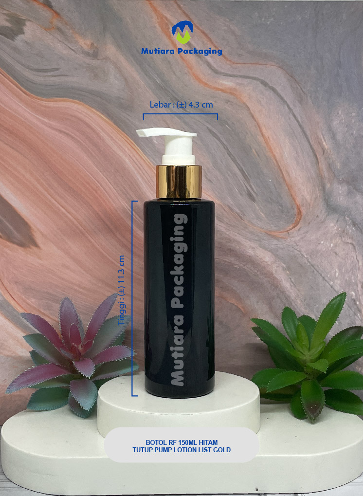 BOTOL RF 150ML  HITAM TUTUP PUMP LOTION LIST GOLD