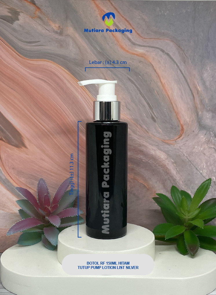 BOTOL RF 150ML  HITAM TUTUP PUMP LOTION LIST SILVER