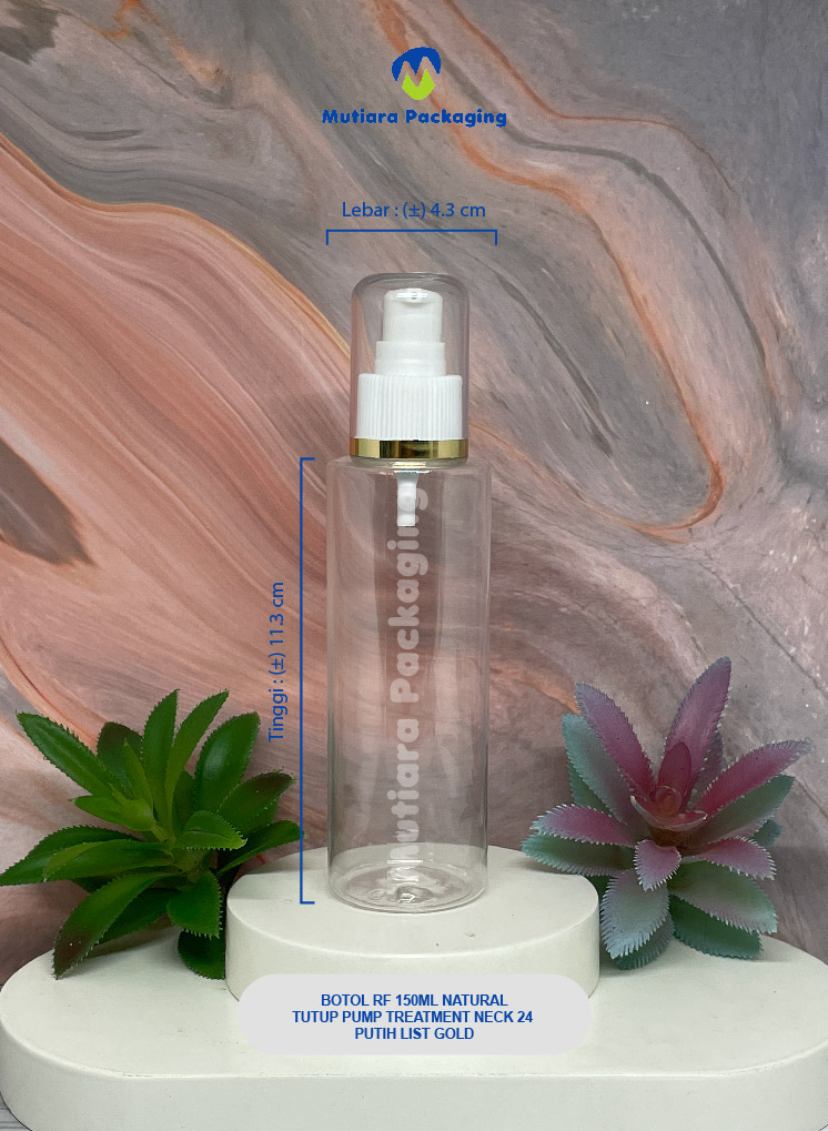 BOTOL RF 150ML NATURAL  TUTUP PUMP TREATMENT NECK 24 PUTIH LIST GOLD