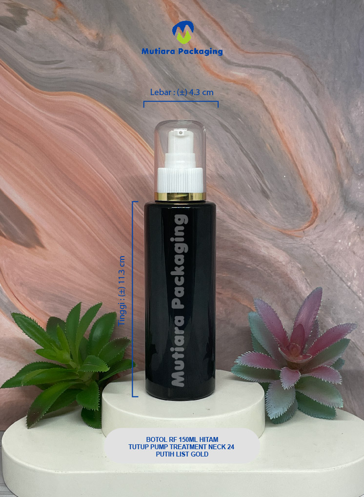 BOTOL RF 150ML  HITAM TUTUP PUMP TREATMENT NECK 24 PUTIH LIST GOLD
