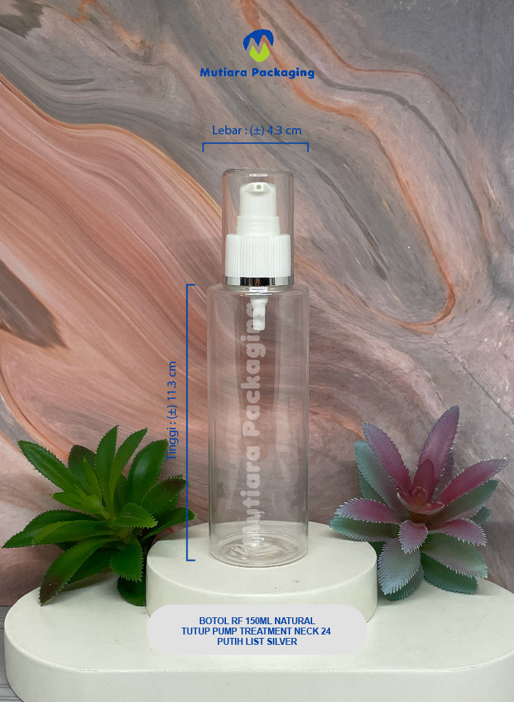 BOTOL RF 150ML  NATURAL TUTUP PUMP TREATMENT NECK 24 PUTIH LIST SILVER