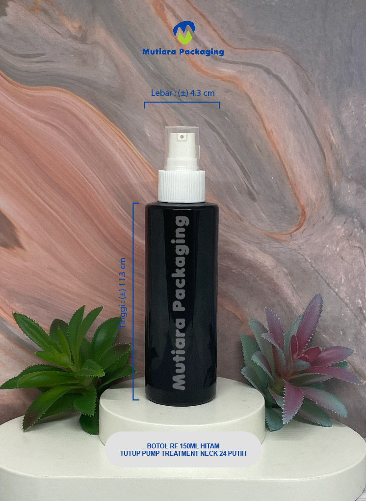 BOTOL RF 150ML  HITAM TUTUP PUMP TREATMENT NECK 24 PUTIH