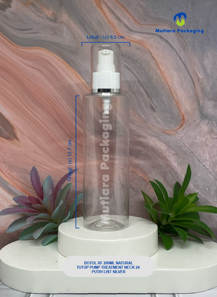 BOTOL RF 200ML NATURAL TUTUP  PUMP TREATMENT NECK 24 PUTIH LIST SILVER