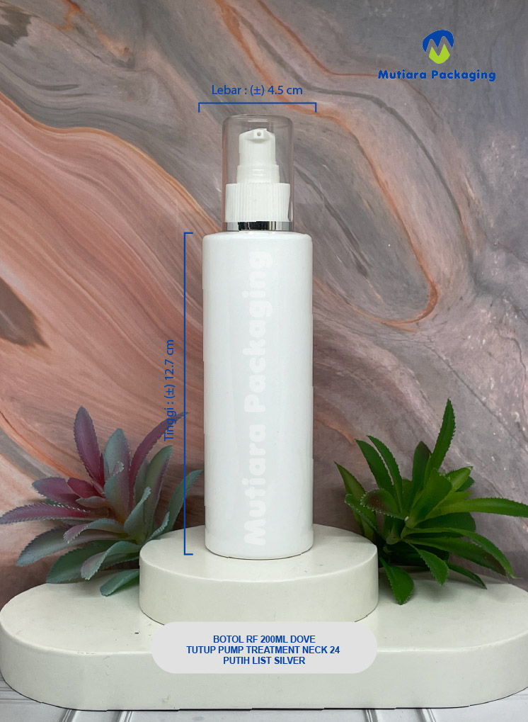 BOTOL RF 200ML DOVE  TUTUP  PUMP TREATMENT NECK 24 PUTIH LIST SILVER