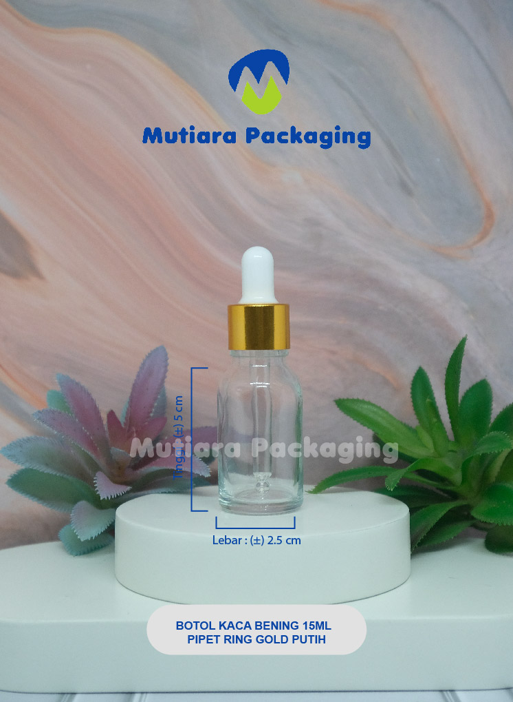BOTOL KACA BENING 15ML  PIPET 15ML RING GOLD PUTIH