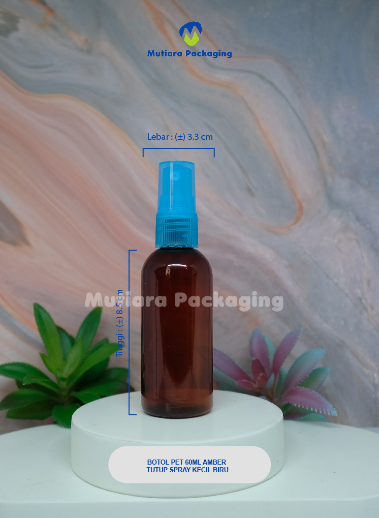  BOTOL PET 60ML AMBER  TUTUP SPRAY KECIL BIRU
