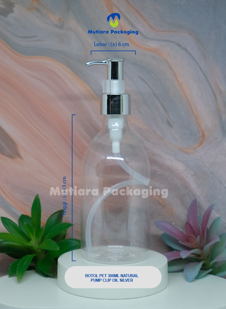 BOTOL PET 300ML NATURAL TUTUP PUMP CLIP OIL SILVER