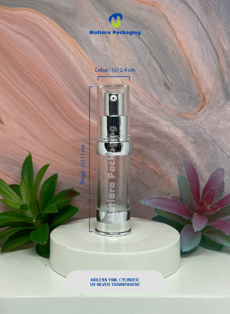 AIRLESS 15ML CYLINDER UV SILVER TRANSPARENT