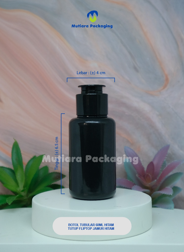 BOTOL TUBULAR 60ML HITAM  TUTUP FLIPTOP JAMUR HITAM
