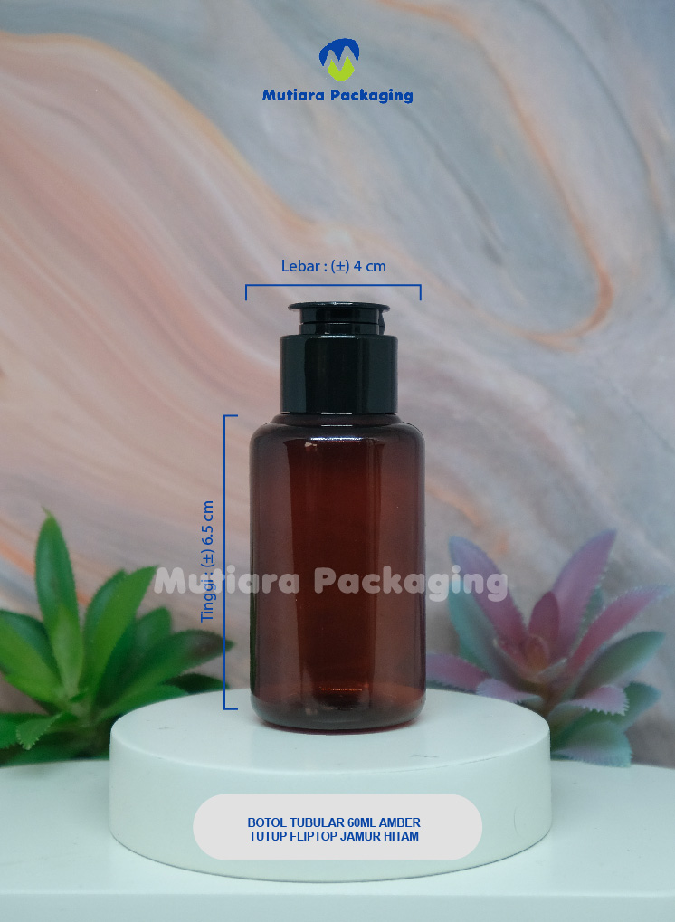 BOTOL TUBULAR 60ML AMBER TUTUP FLIPTOP JAMUR HITAM
