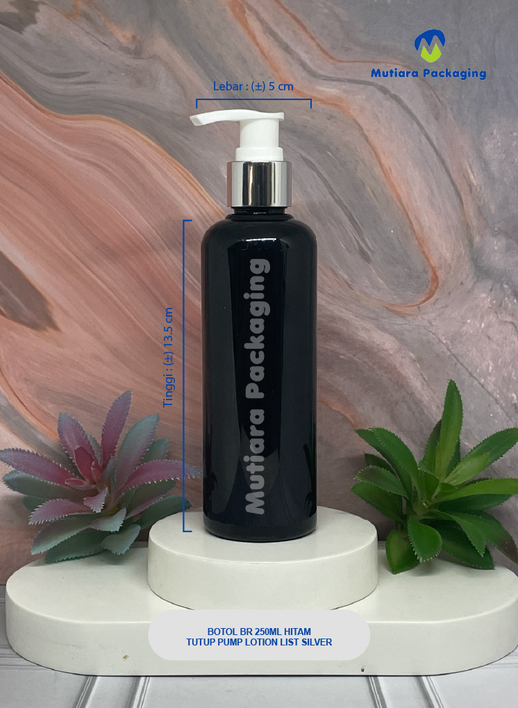 BOTOL BR 250ML HITAM TUTUP PUMP LOTION LIST SILVER