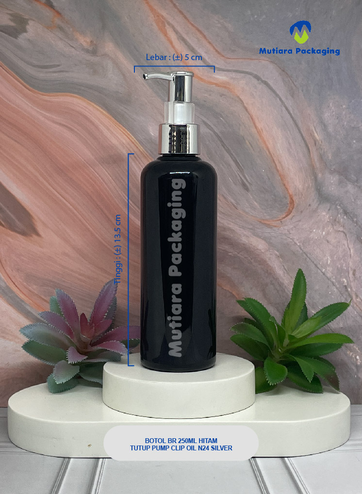 BOTOL BR 250ML HITAM TUTUP PUMP CLIP OIL N24 SILVER