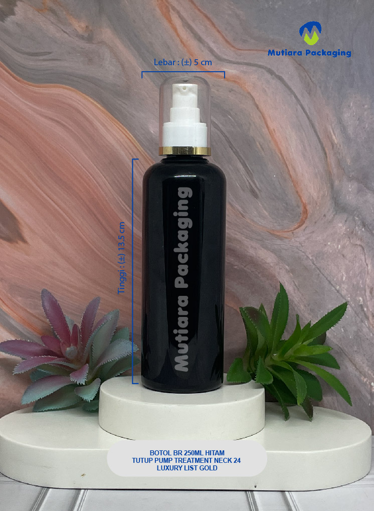 BOTOL BR 250ML HITAM TUTUP PUMP TREATMENT NECK 24 LUXURY LIST GOLD