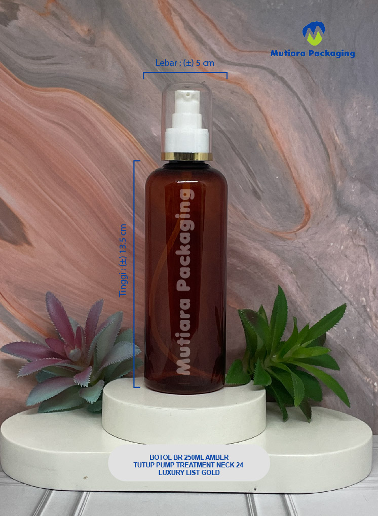 BOTOL BR 250ML AMBER TUTUP PUMP TREATMENT NECK 24 LUXURY LIST GOLD
