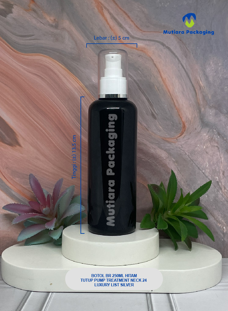 BOTOL BR 250ML HITAM TUTUP PUMP TREATMENT NECK 24 LUXURY LIST SILVER 