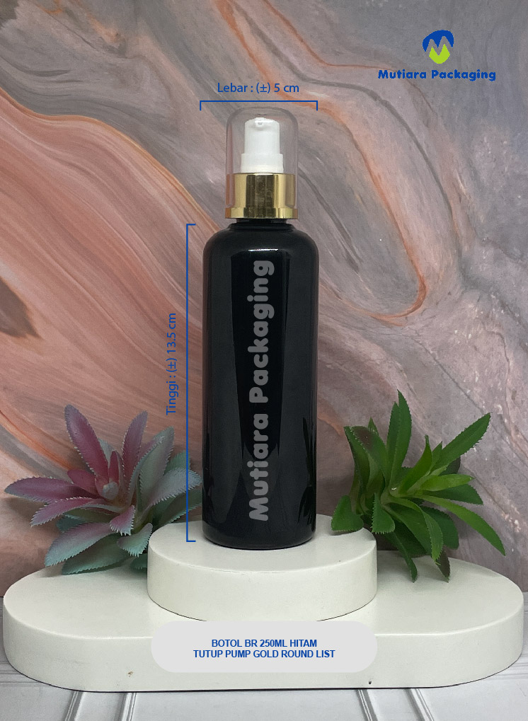 BOTOL BR 250ML HITAM TUTUP PUMP GOLD ROUND LIST