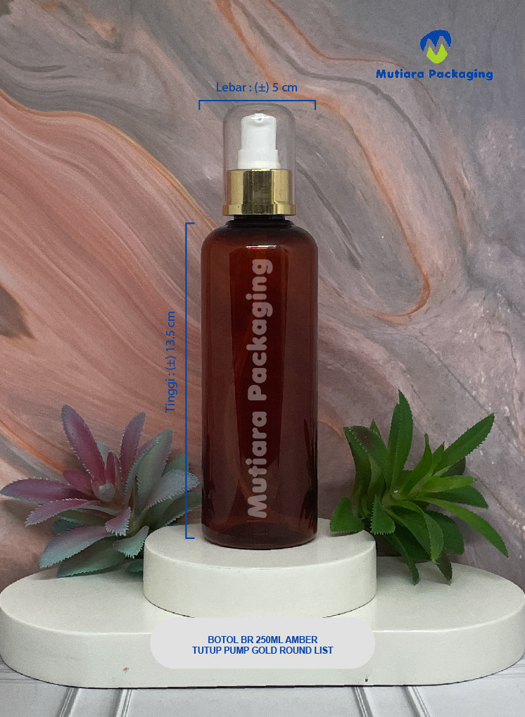 BOTOL BR 250ML AMBER TUTUP PUMP GOLD ROUND LIST