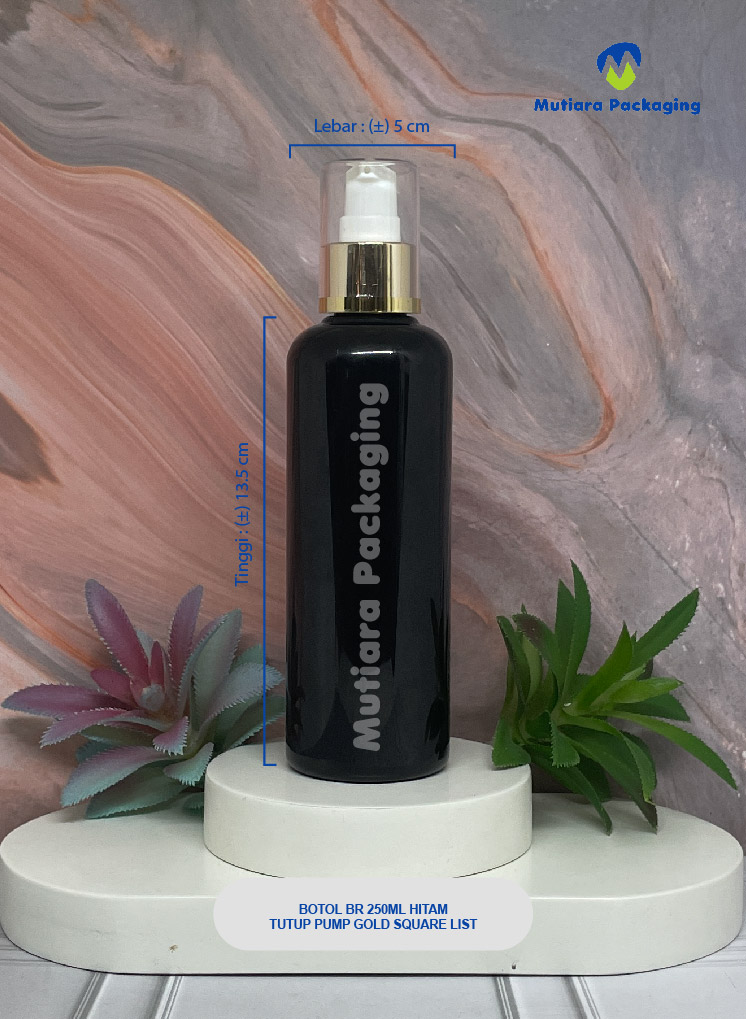 BOTOL BR 250ML HITAM TUTUP PUMP GOLD SQUARE LIST