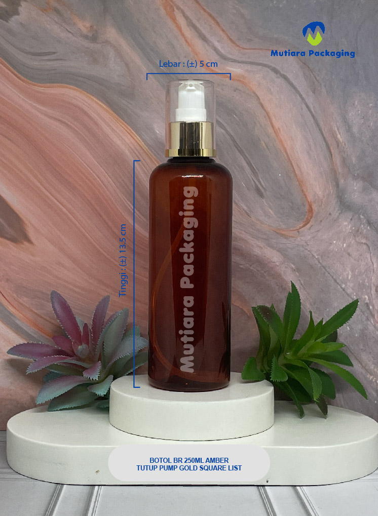 BOTOL BR 250ML AMBER TUTUP PUMP GOLD SQUARE LIST