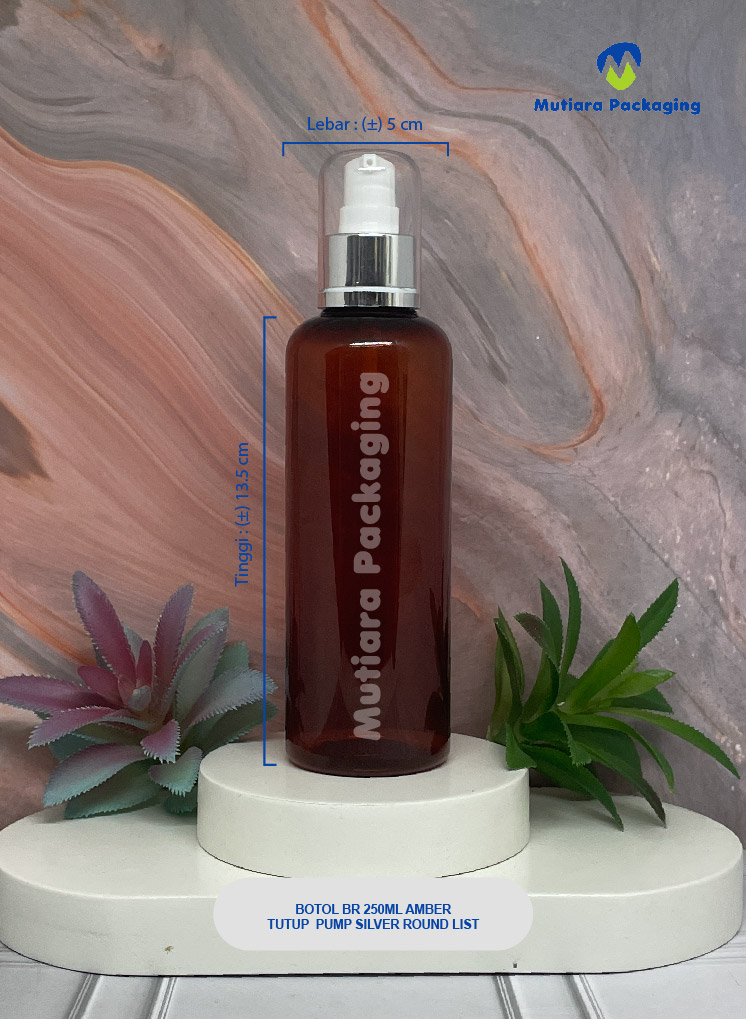BOTOL BR 250ML AMBER TUTUP PUMP SILVER SQUARE LIST