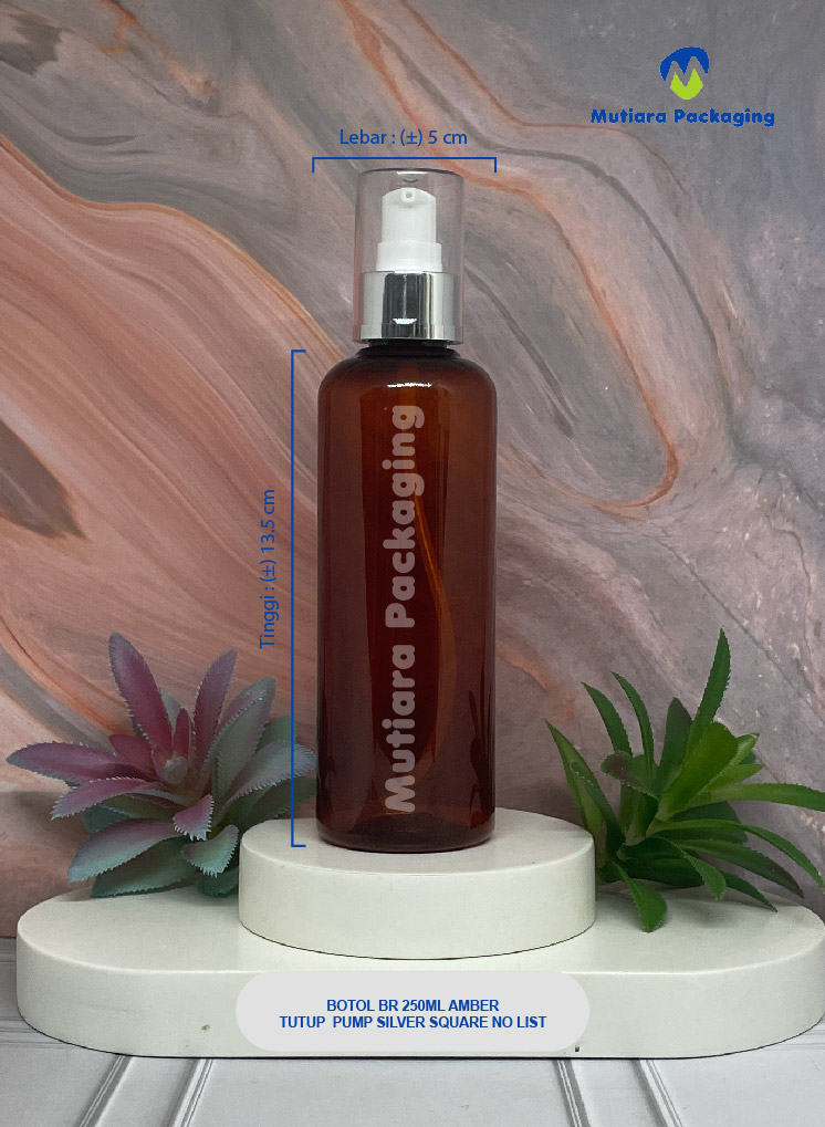 BOTOL BR 250ML AMBER TUTUP PUMP SILVER SQUARE NOLIST
