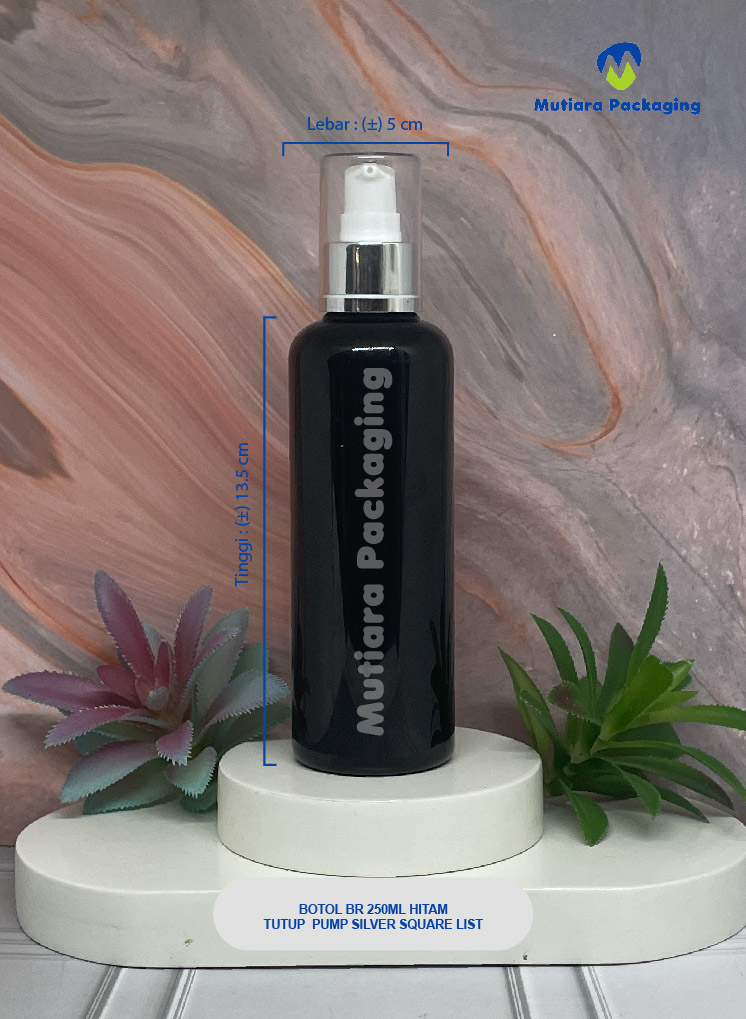 BOTOL BR 250ML HITAM TUTUP PUMP SILVER SQUARE LIST