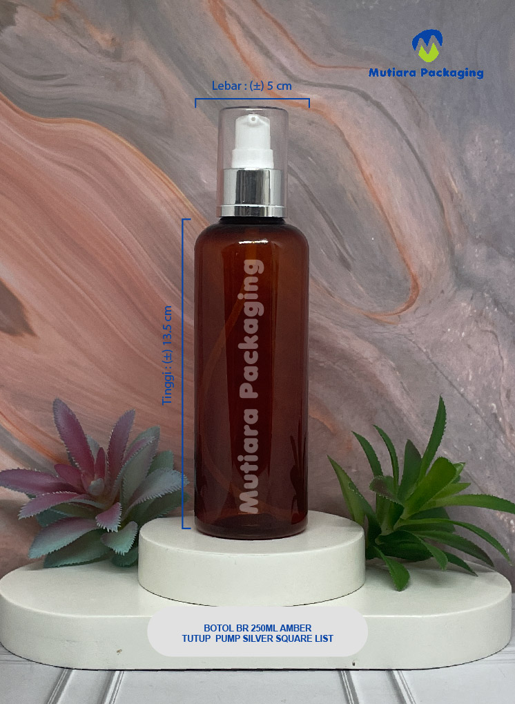 BOTOL BR 250ML AMBER TUTUP PUMP SILVER SQUARE LIST
