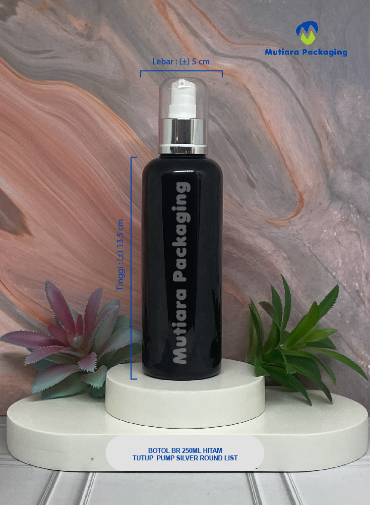 BOTOL BR 250ML HITAM TUTUP PUMP SILVER ROUND LIST