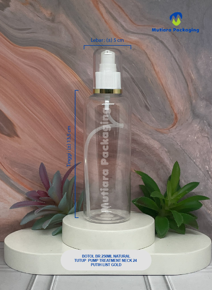 BOTOL BR 250ML NATURAL TUTUP TREATMENT  PUMP NECK 24 PUTIH LIST GOLD