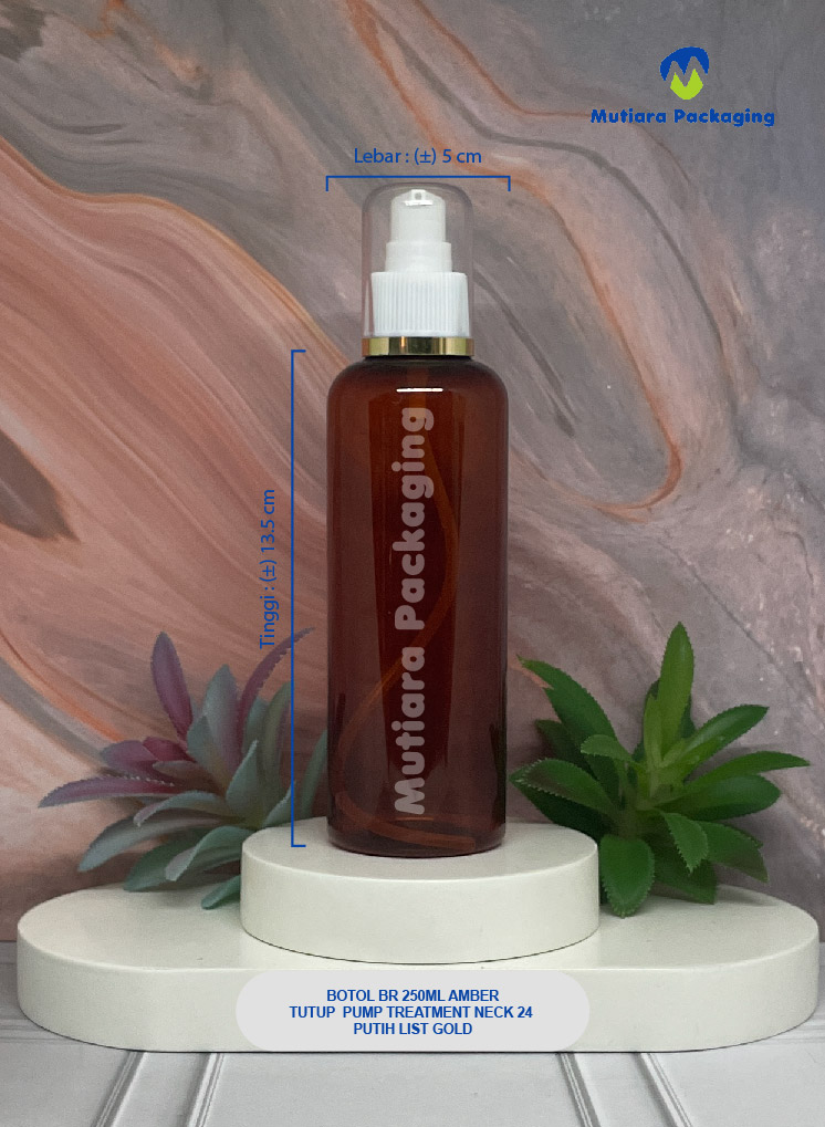 BOTOL BR 250ML AMBER TUTUP PUMP TREATMENT  NECK 24 PUTIH LIST GOLD