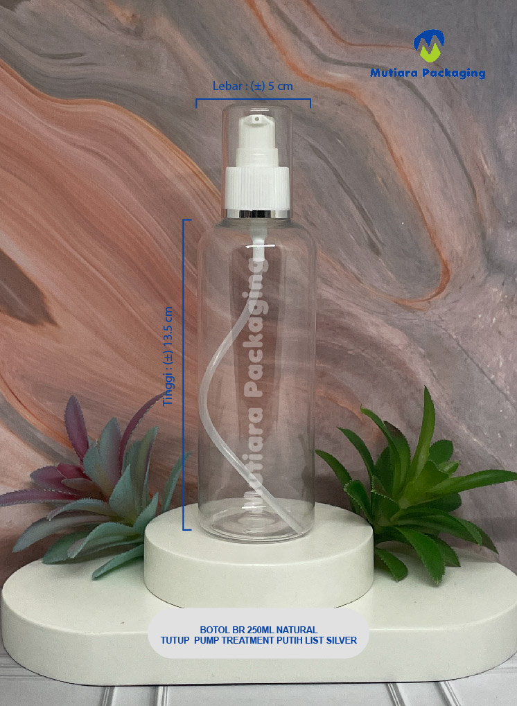 BOTOL BR 250ML NATURAL TUTUP PUMP TREATMENT  NECK 24 PUTIH LIST SILVER