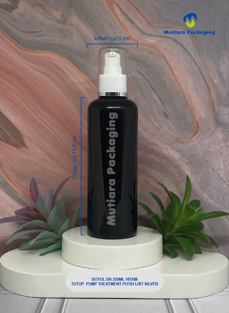 BOTOL BR 250ML HITAM TUTUP PUMP TREATMENT  NECK 24 PUTIH LIST SILVER