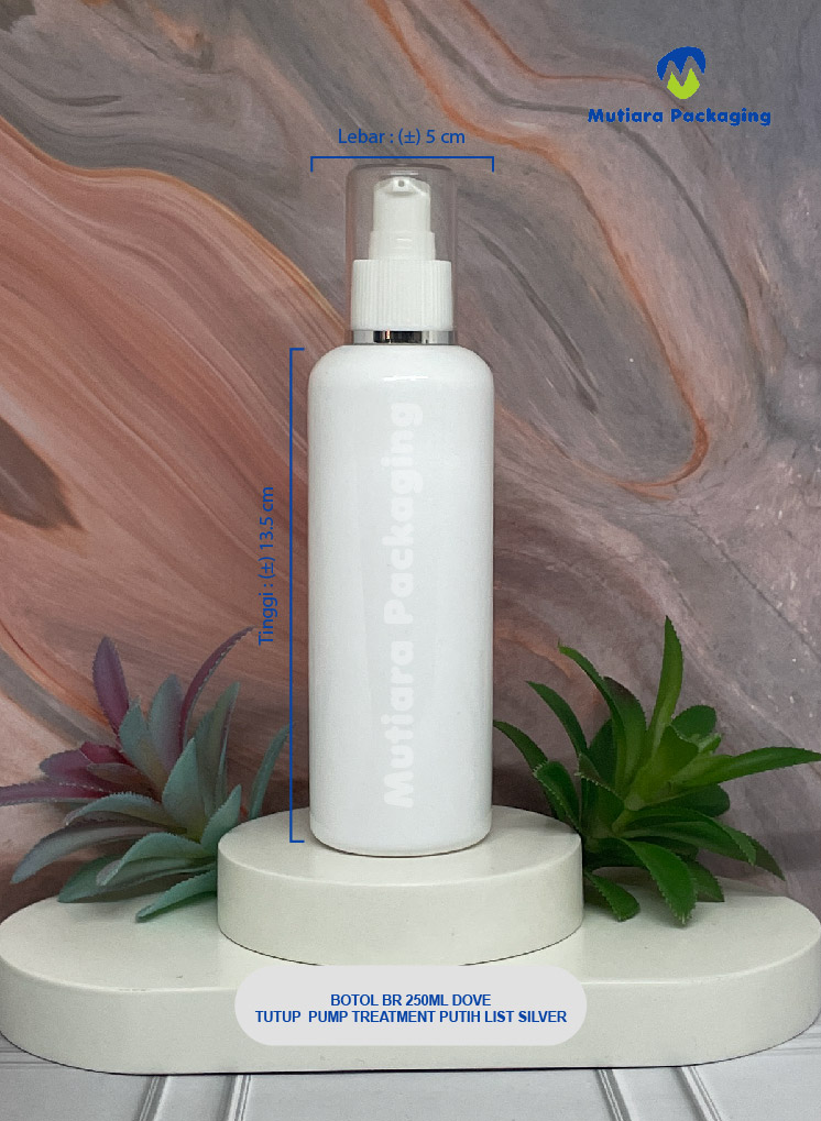 BOTOL BR 250ML DOVE TUTUP PUMP TREATMENT  NECK 24 PUTIH LIST SILVER