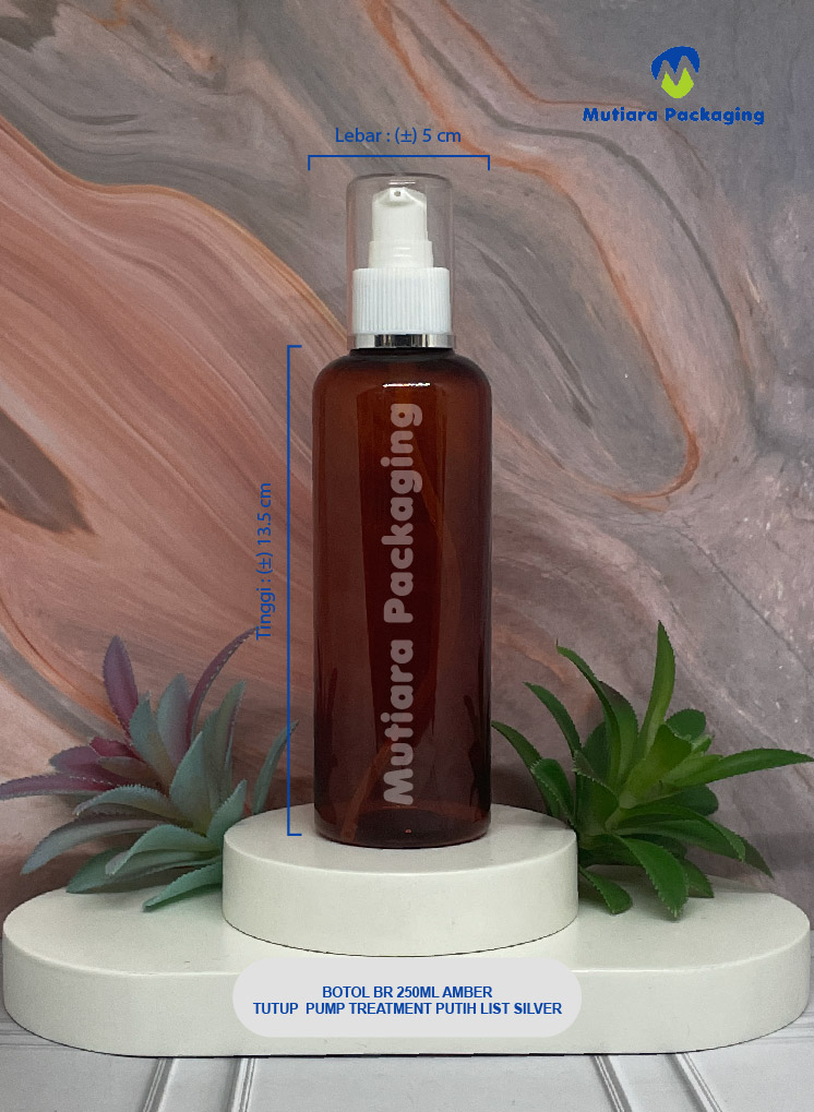 BOTOL BR 250ML AMBER TUTUP PUMP TREATMENT  NECK 24 PUTIH LIST SILVER