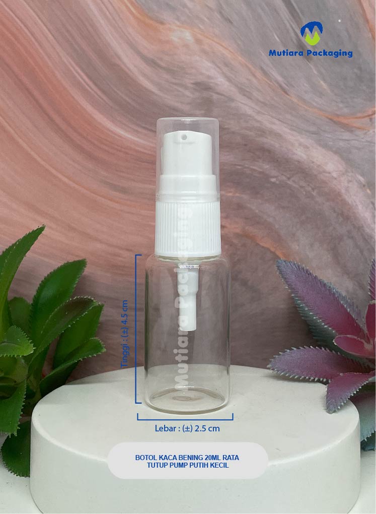 BOTOL KACA BENING 20ML RATA TUTUP PUMP PUTIH KECIL