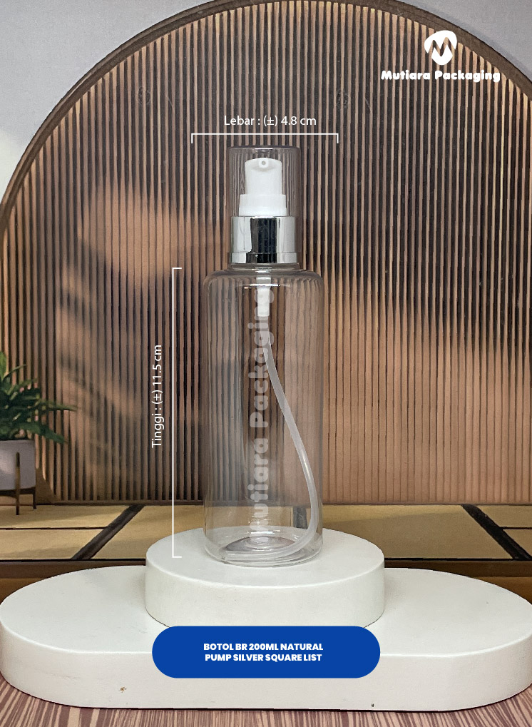BOTOL BR 200ML NATURAL  TUTUP PUMP SILVER SQUARE LIST